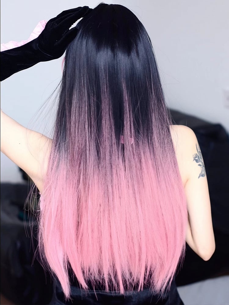 68CM And Black Wig Ombre Length Straight Bangs Air Pink With