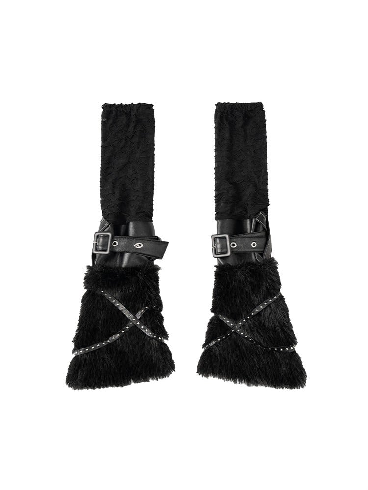 Straps Faux Fur Punk Rock Leg Warmers with Studded PU Black