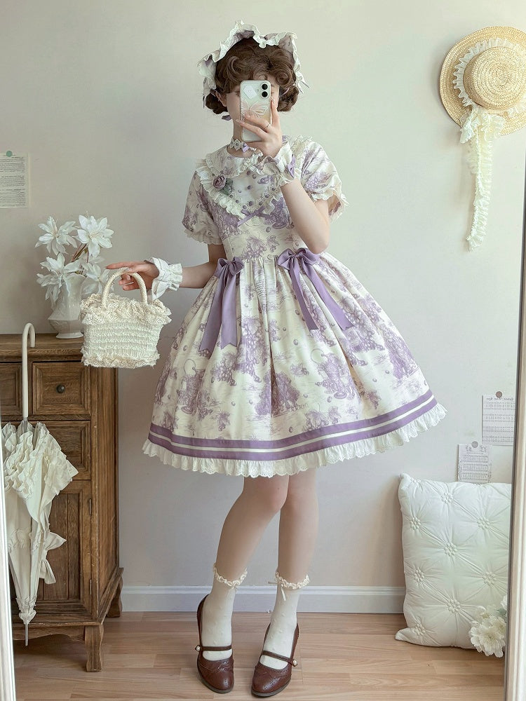Lolita Print Lila Kurzes Kleid mit Peter-Ärmeln und Traubenkragen