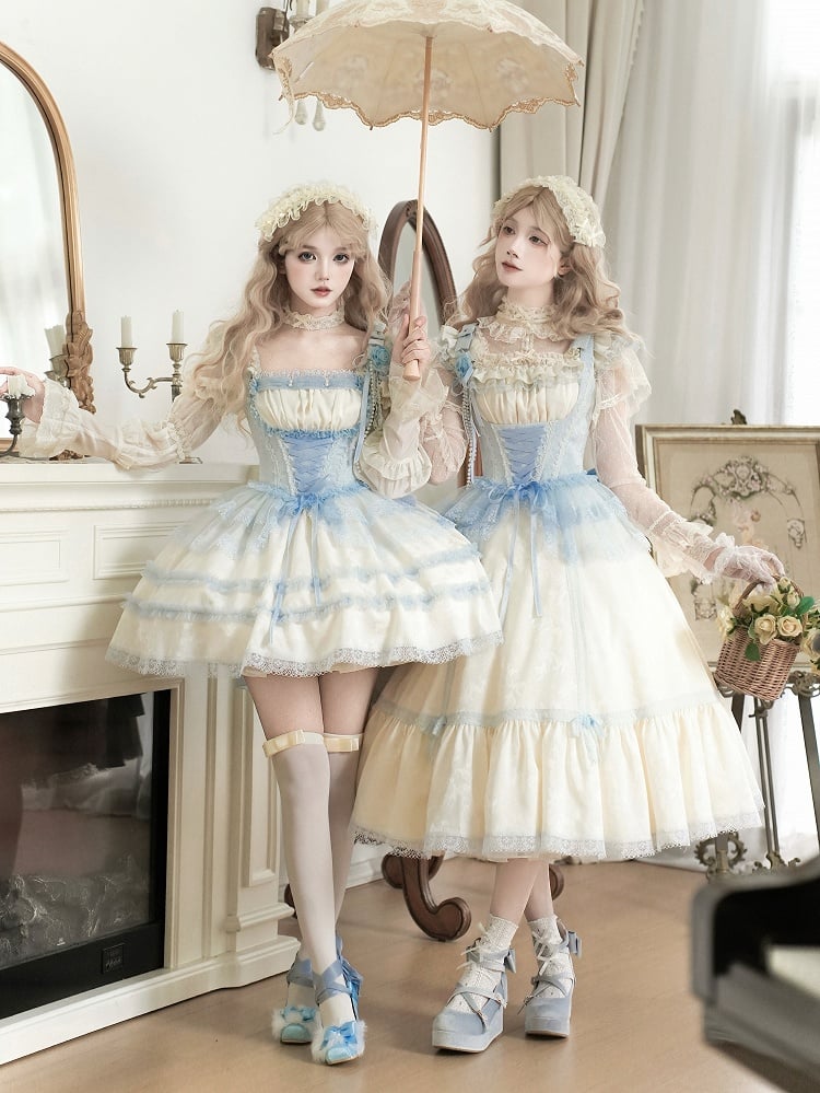 Full Beige OP Blue Lolita Sleeves Neckline and Trims Light Short Set Square Lace Dress
