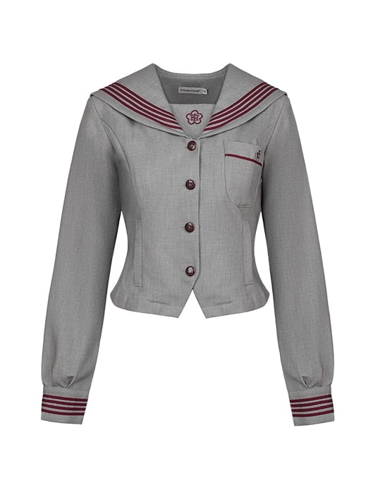 Sleeves Gray Long Blouse Sailor JK Embroidery Collar Uniform Floral