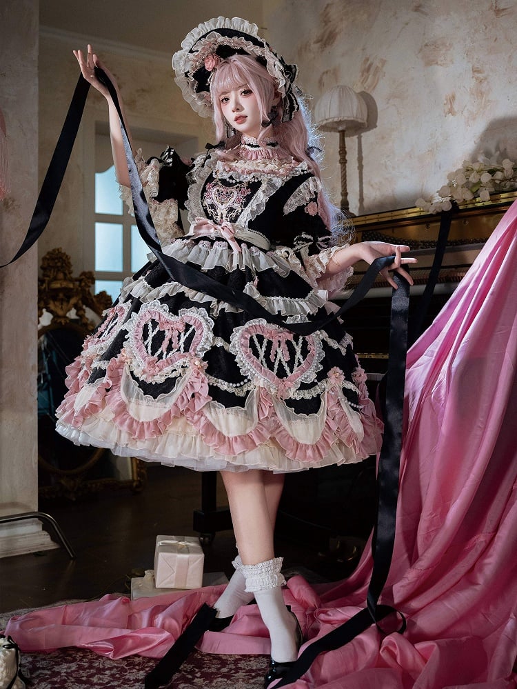 Black Hanayome Rosette Embroidery Floral and Bead Chain Lolita OP Full Set