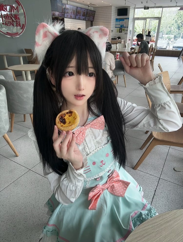 Soft Mint Green Adorable Cat Embroidered Overall Dress / White Sailor Collar Blouse