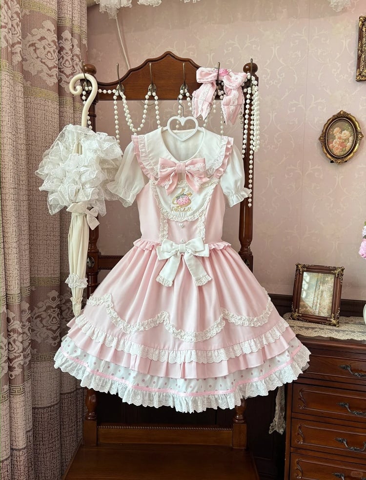 Scalloped Edge Trim Strawberry Embroidery Sweet Lolita Dress Light JSK Pink