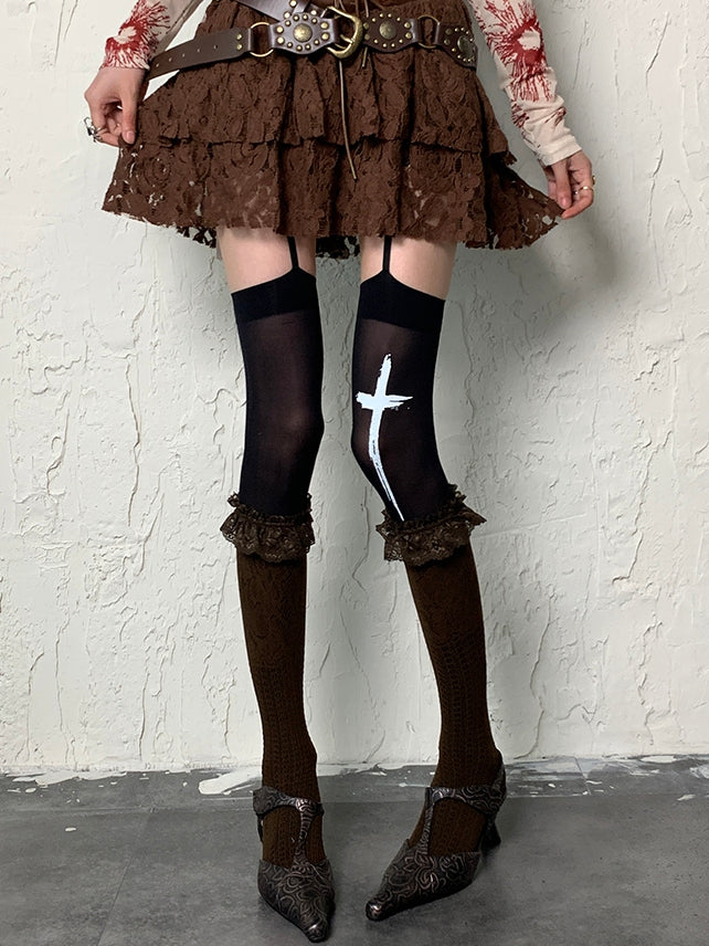 Under-knee Cuff Stockings Ruffled Brown Y2K