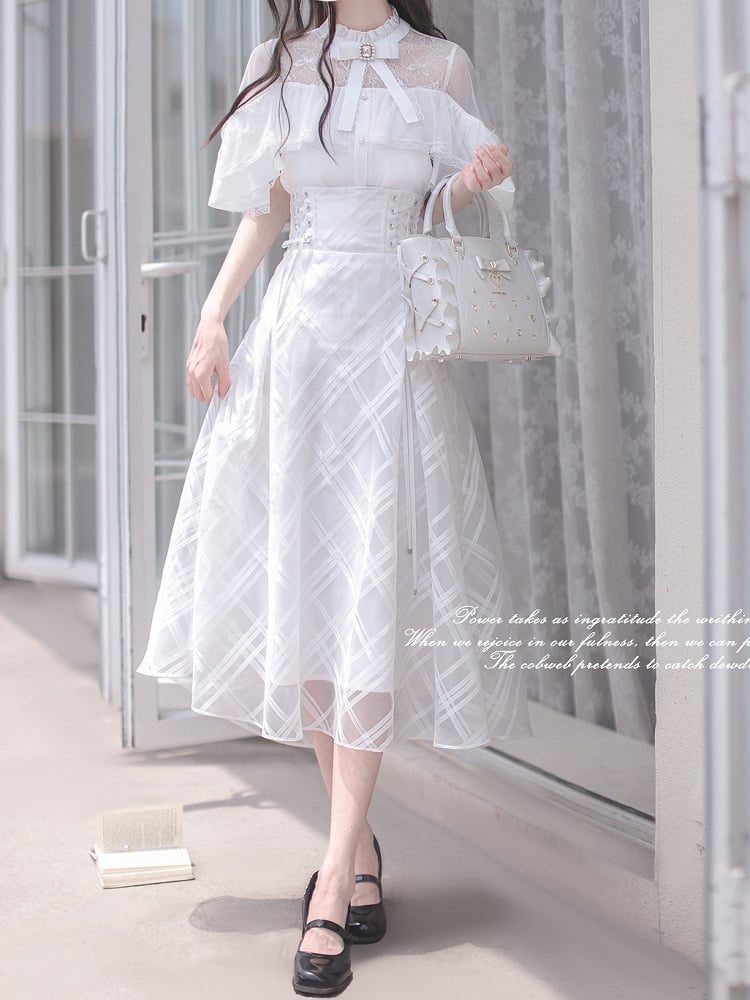Innocent White Clean Cape Design Top Aesthetic Illusion Neckline and Trim Lace with