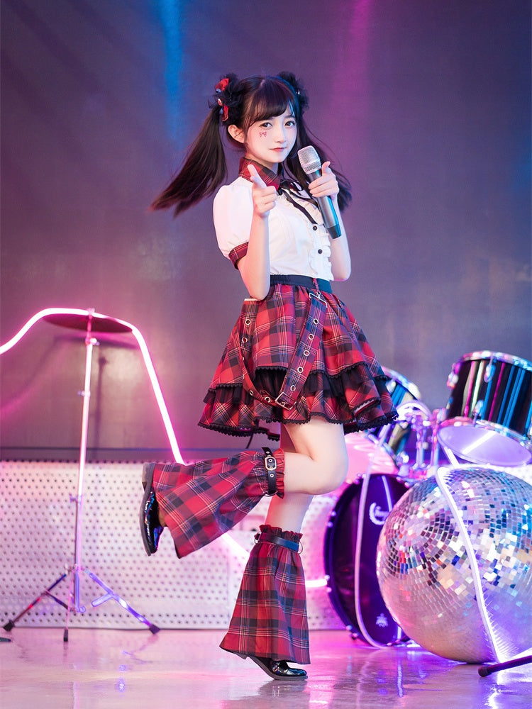 Contrast Red Plaid Trim Beige Idol Lolita Blouse with Lace-up Detail at Back