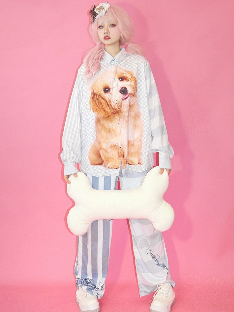 Mode Grau Kariert Welpen Muster Druck Gestreiften Gyaru Hemd Und