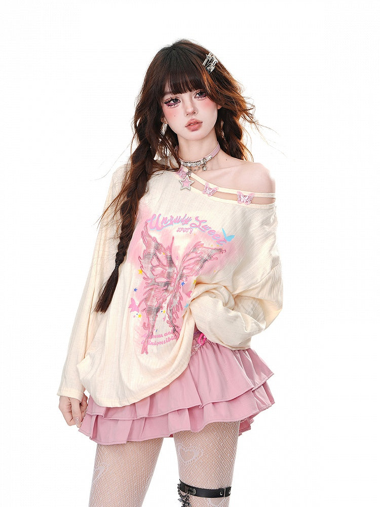 Graphic Pink/Apricot Asymmetrical Neckline Butterfly Embroidered Loose Top