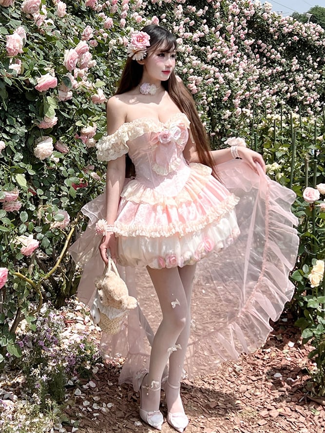 Kei Pink Fairy Bubble Corset Dress Floral Decorations Bodice