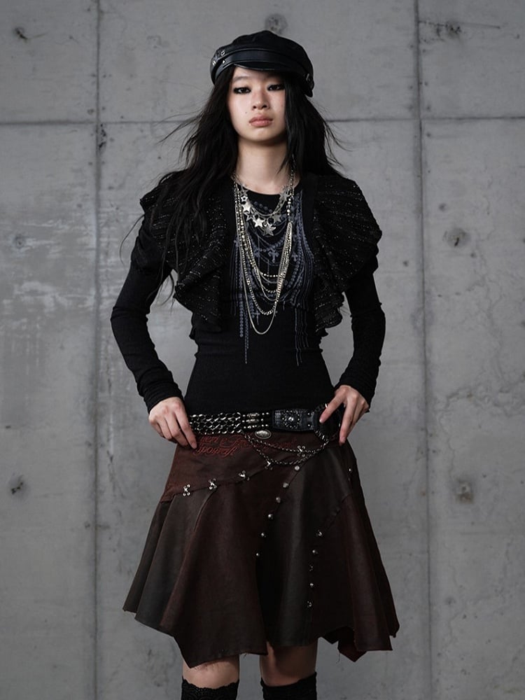 Chain Print Juliette Flutter with Black Gothic Overlays Top Punk Sleeve