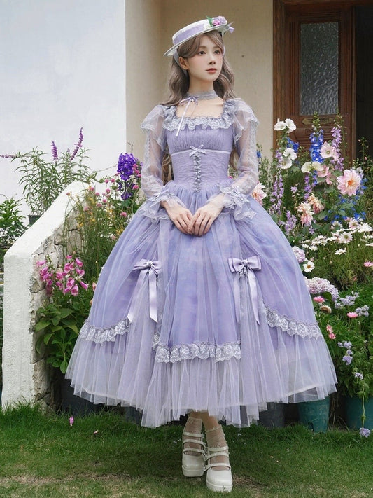 Lily Oil Klassischer Rock Gemäldedruck Wasserviolett Lolita-Kleid mit eckigen Ärmeln und langem Ausschnitt