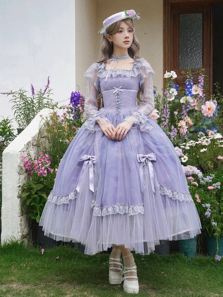 Print Lily Long Oil Dress Water Neckline Painting Sleeves Purple Lolita Skirt Classic Square