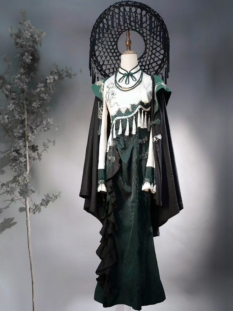 Slythern Grüne Volantärmel Cheongsam-Stil Goth Schlangenschuppenmuster Qipao-Kleid Kurz-/Langversion