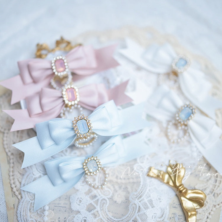 Pink/Light Blue/White Square Rhinestone Jirai Kei Bow Hairclips Dusty