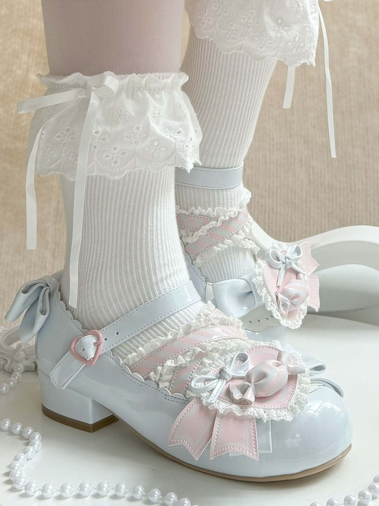 - Low Heels Pink with Clip Style Lolita Sweet A Candy-Decorated Heart Shoe Bow Blue