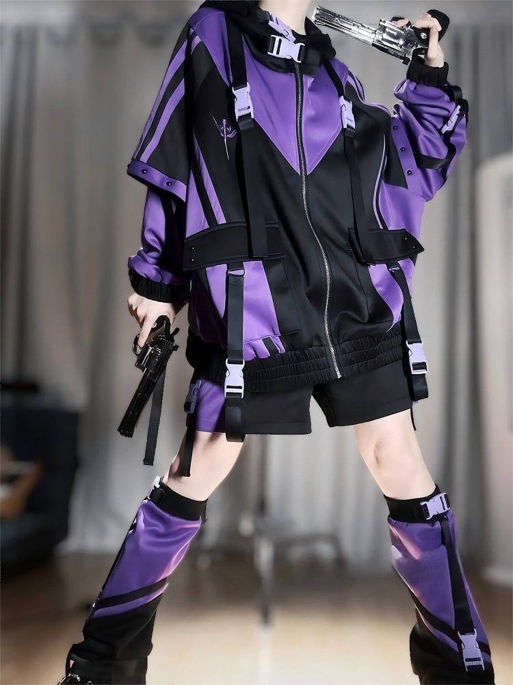 Black and Techwear Shorts Purple Colorblock