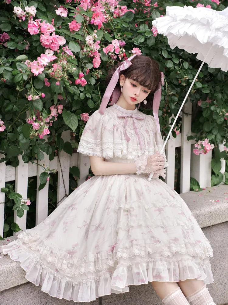 Dress Lolita Classic Elegant Beige Bluebell Neck Floral Edward Print