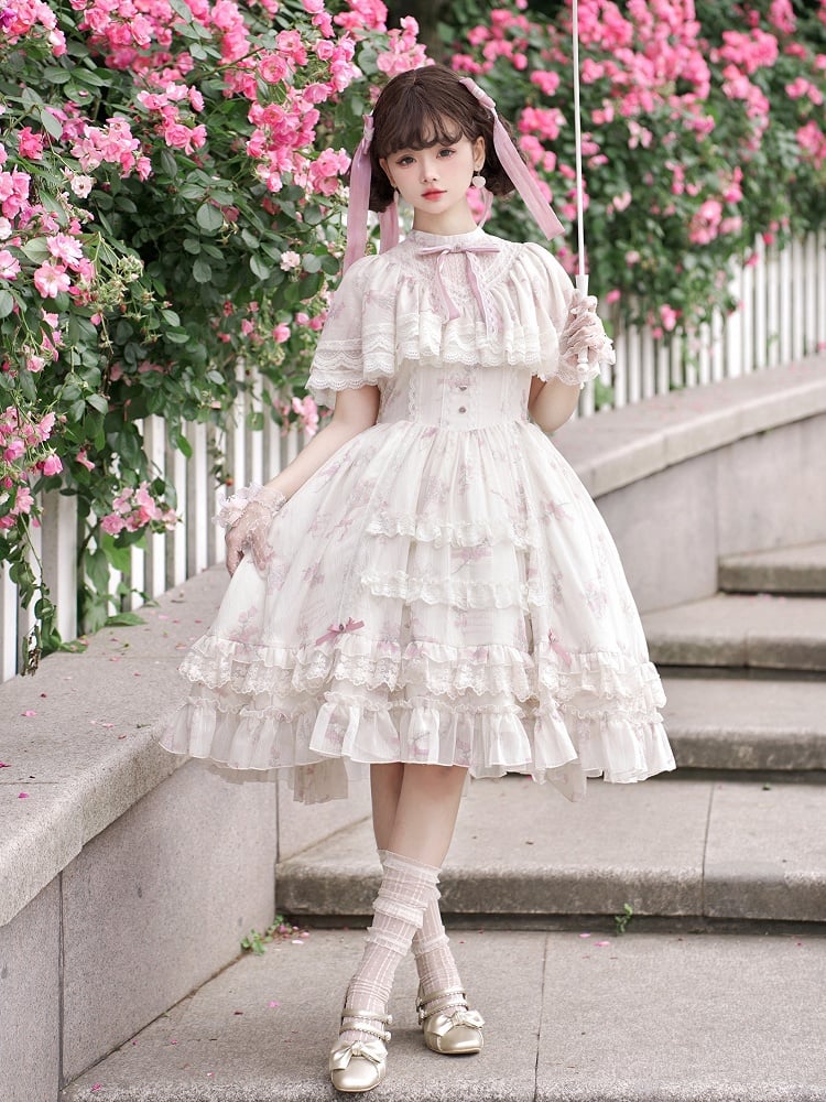 Elegant Dress Bluebell Neck Edward Beige Print Classic Floral Lolita