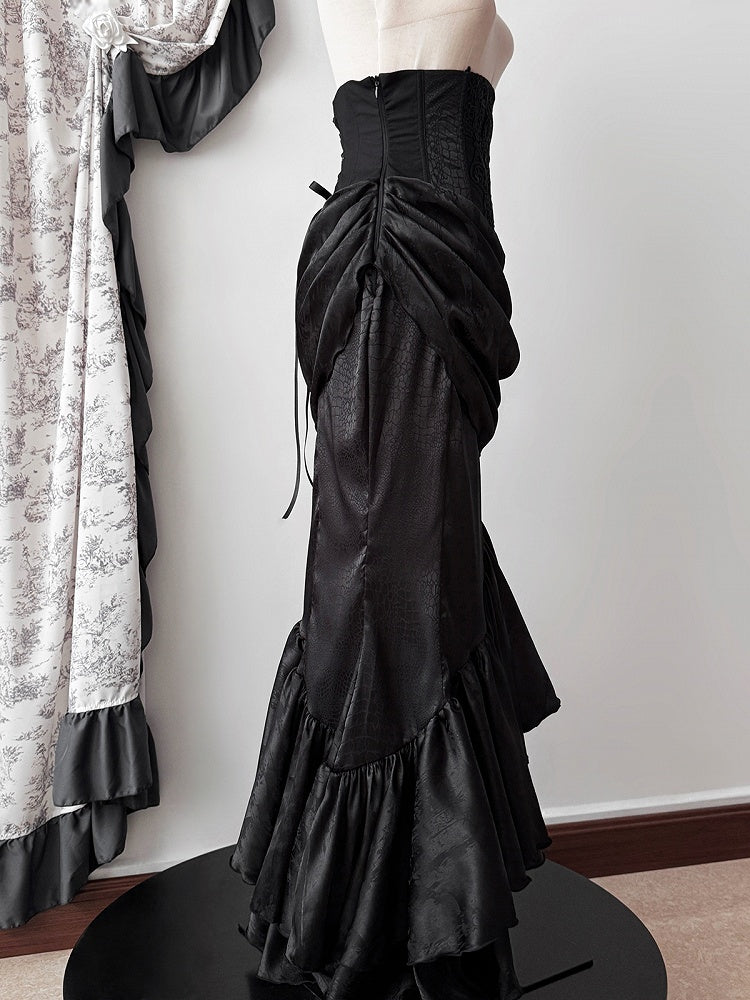 Flounce Gothic Skirt Hem Corset Waist Mermaid Cascading Black Boned Asymmetrical Lolita High