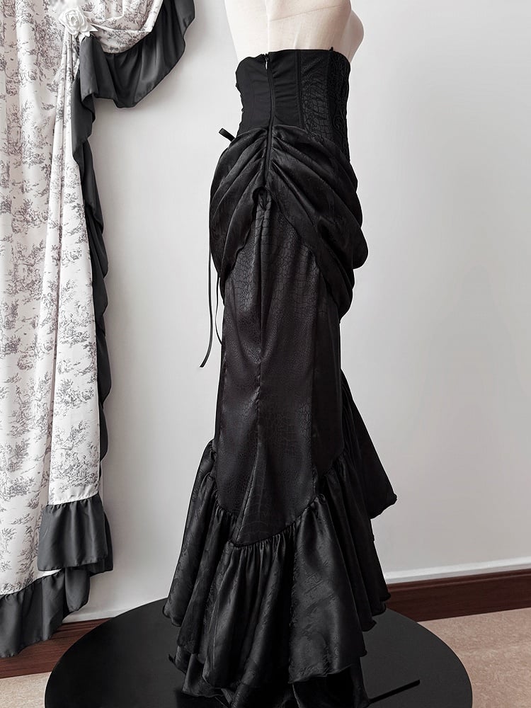 Gothic Asymmetrical Skirt Boned Waist Corset Cascading High Lolita Flounce Mermaid Hem Black