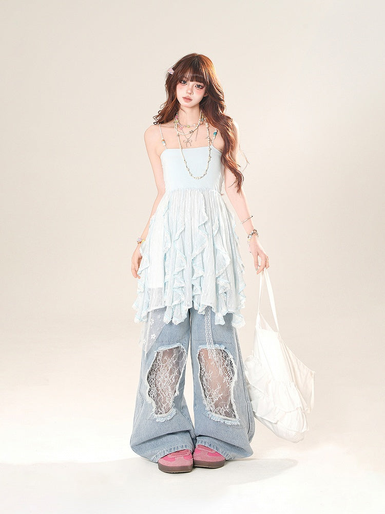 Cascading Ruffle Accents Lace Cami Top Blue/Apricot