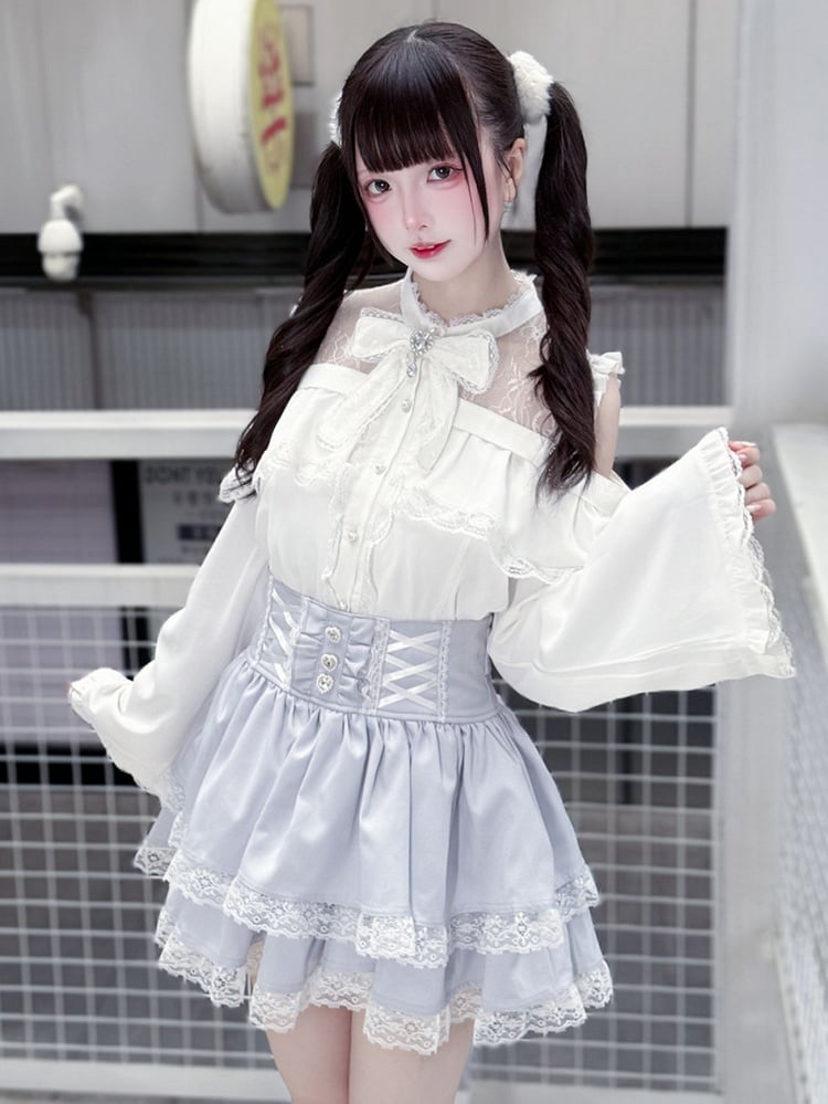 Bell Sleeves Open Shoulder with Blouse White Jirai Kei Three-Piece Set: