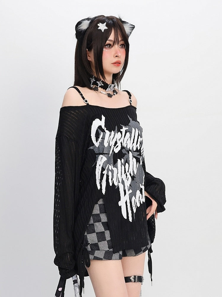 Y2K Slit Black/White Off-the-shoulder Graphic Hem Neckline Coverup