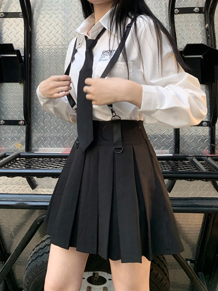 Black High Waist Box Pleat Overall Skirt