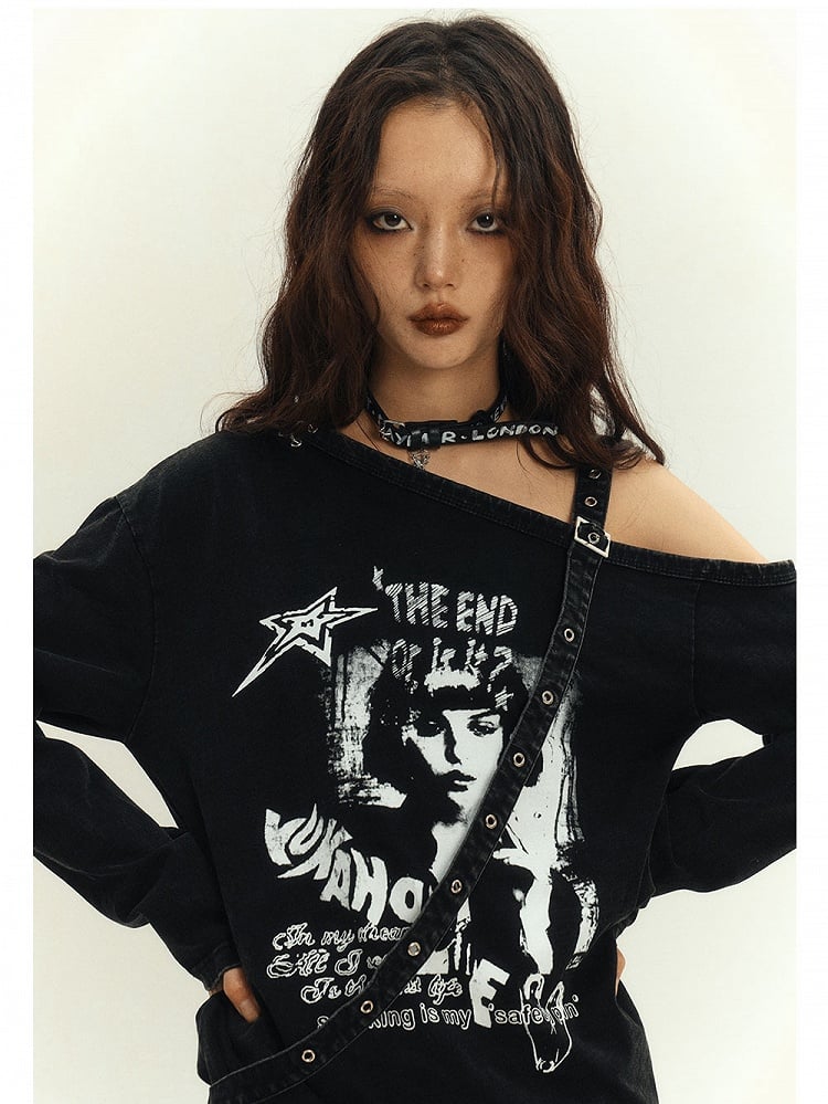 Cutout Shoulder Top Y2K Punk Black Asymmetrical