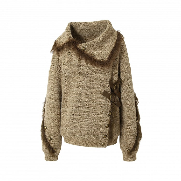 Hellbrauner Strickpullover mit Plüschbesatz, Schnalle und Nieten