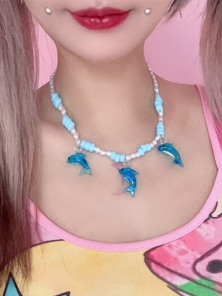 Necklace Blue Pendant Beaded Y2K Dolphin