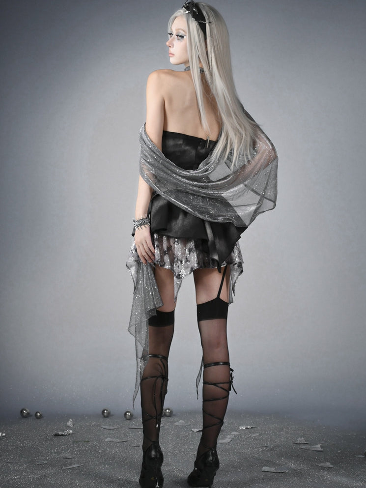 Futuristic Black Basque Waist Metal Y3K Hooded Dress Handkerchief Hem Chains Cyberpunk Fashion Front
