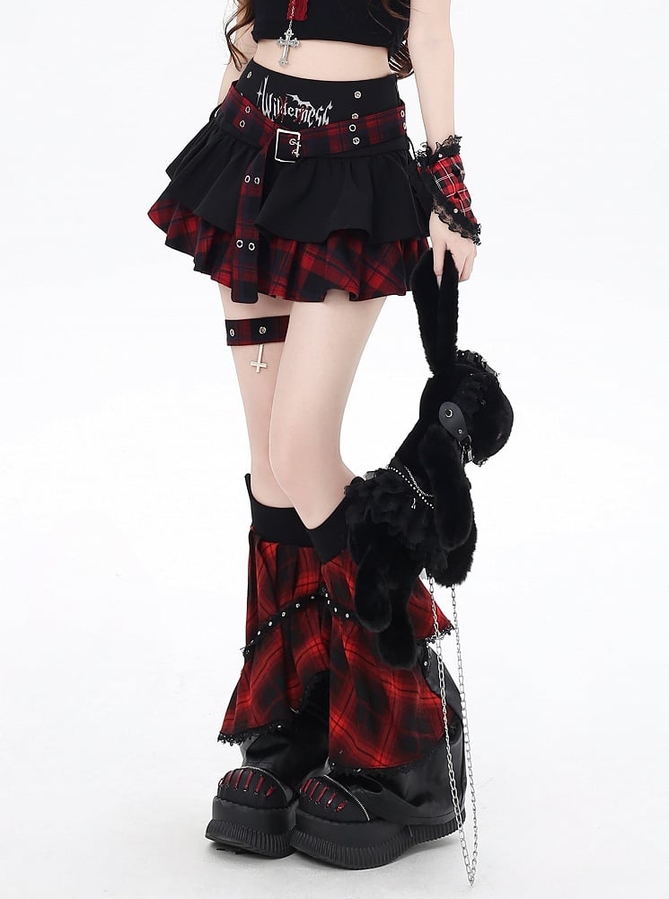 Lined Tiered Skirt with Cross Garter Red Plaid Buckle and Y2K Black Design Belt