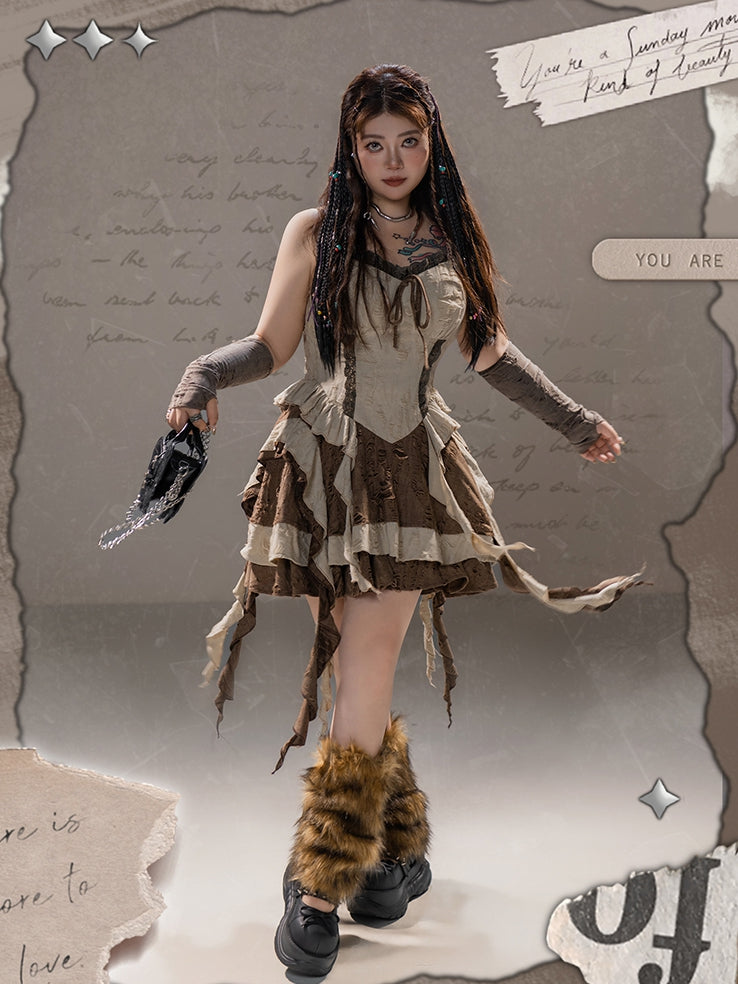 Plus Size Basque Waist Cascading Ruffles Distressed Wasteland Punk Brown Holes Cami Dress