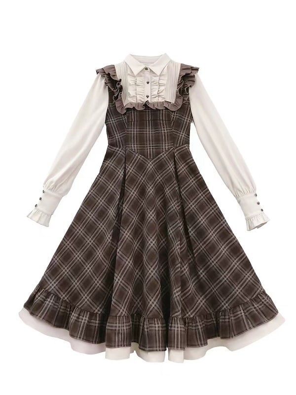 Two-pieces Fake Pattern Plaid Belt with Dress Brown