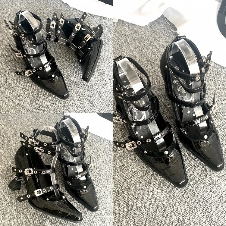 in Buckle Leather Faux Polished 8.5cm Gothic Heel High Crocodile Multiple Heels Straps with Black