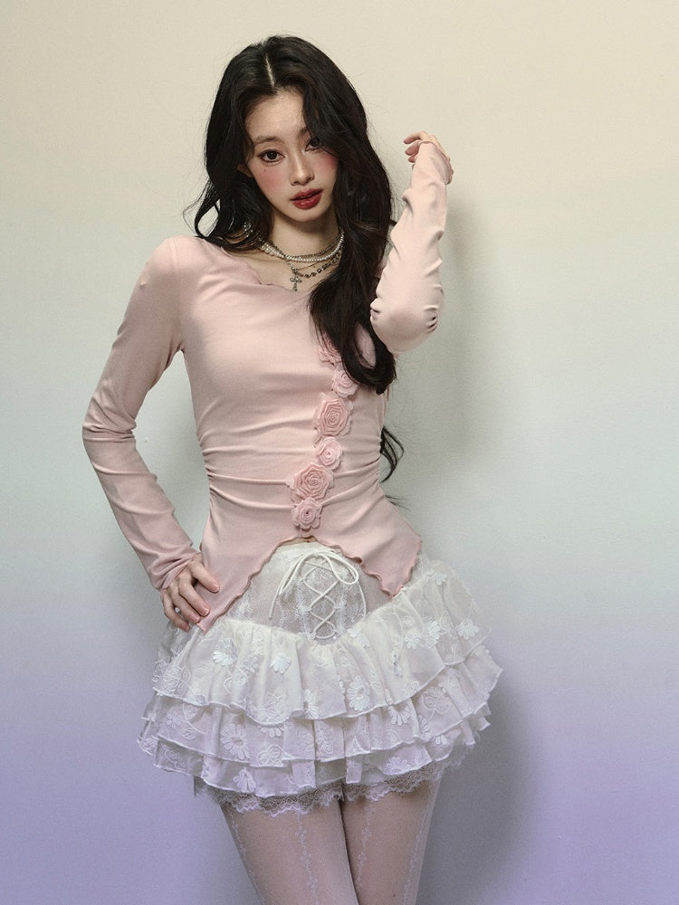 Knitted Detail Neck Floral Embellished Cutout Top Pink Round Glamorous