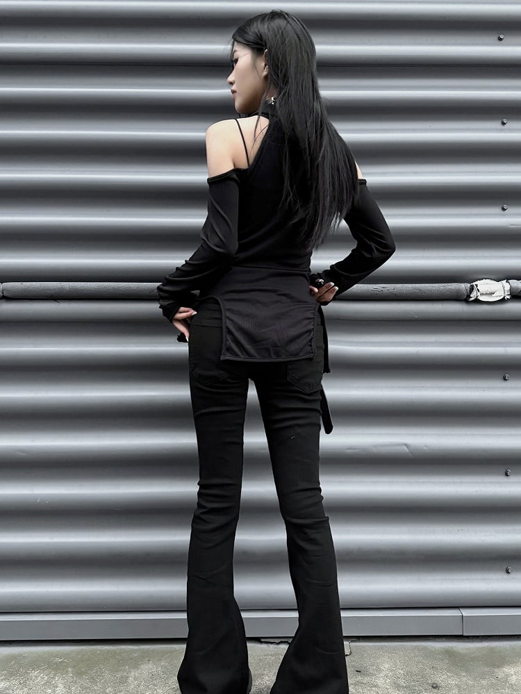 Punk-schwarze Slim-Fit-Hose mit Fischschwanz und hoher Taille mit Gürtel mit Skeletthand-Schnalle