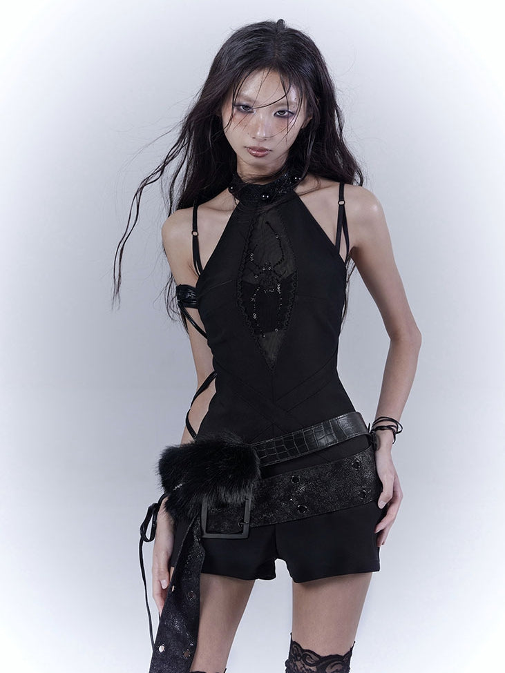 Belt Glamorous Black Halter Neck Spider Rhinestones Jumpsuit with Buckle