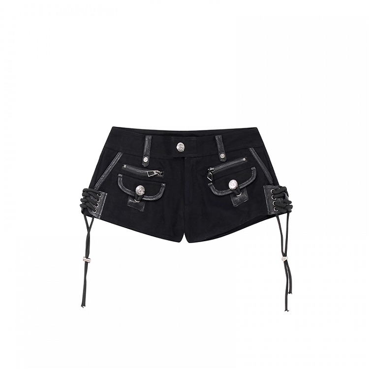 Slim-fitting Denim Shorts Black Low Waist Lace-up Hem