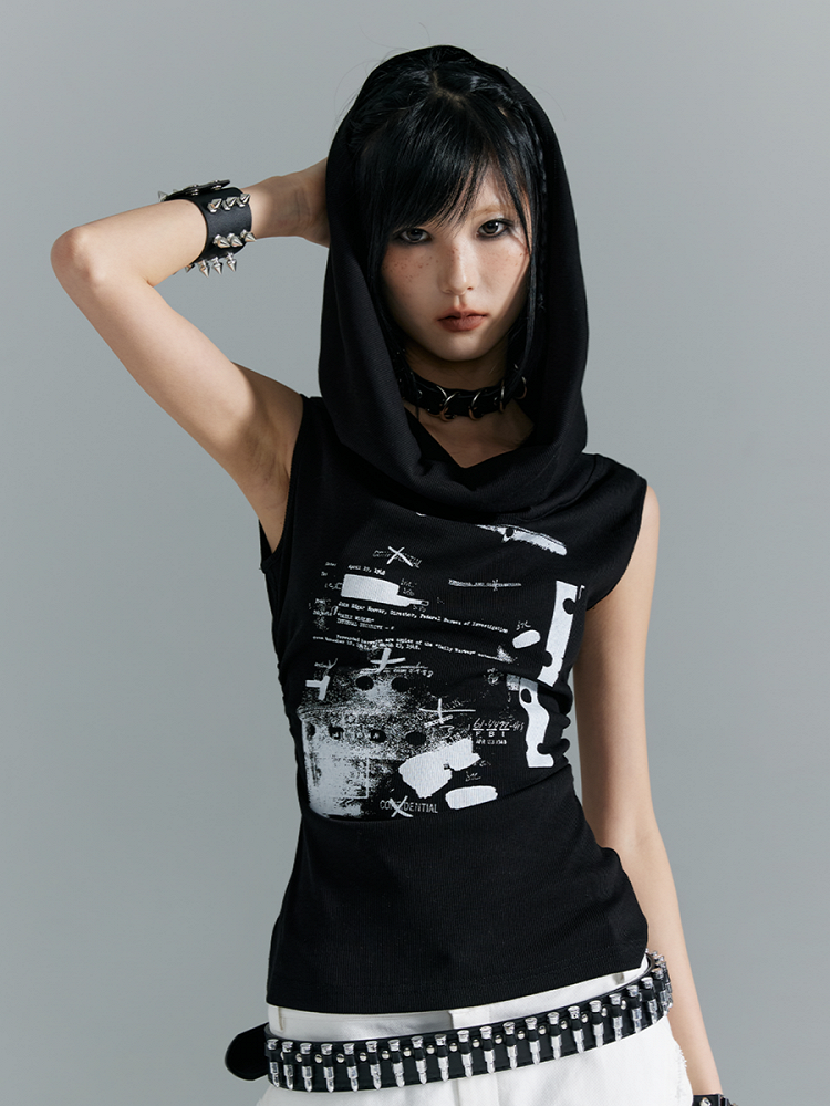 With White Print Black Knit Hooded Tank Top Letter