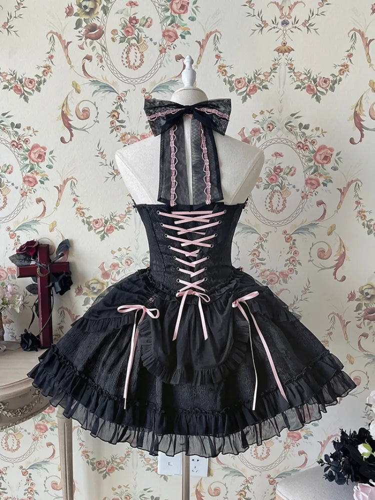 Cross Belle Black and Pink Halter Neck Corset Dress Balletcore Lolita JSK