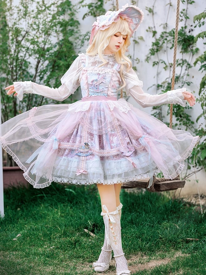 Rosa und blauer Vorhang Tüll Overlay Flying Horse Rock Lolita Jumper Rock