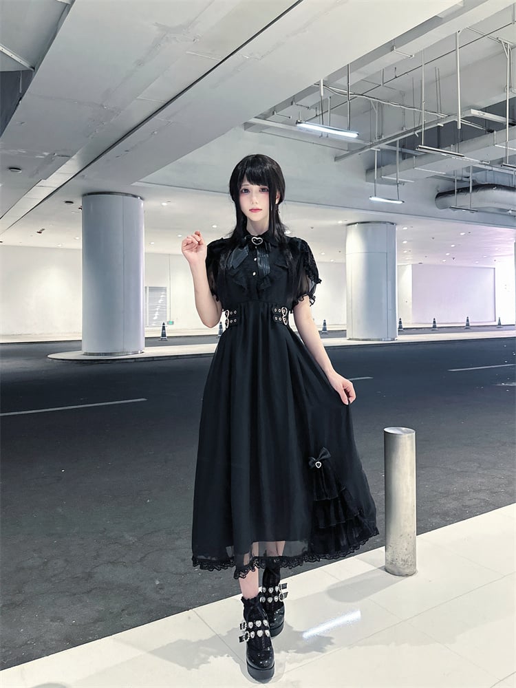 Saum Rüschen Stufenkleid Jirai Kei Schwarz Chiffon Herz Schnallen Taille