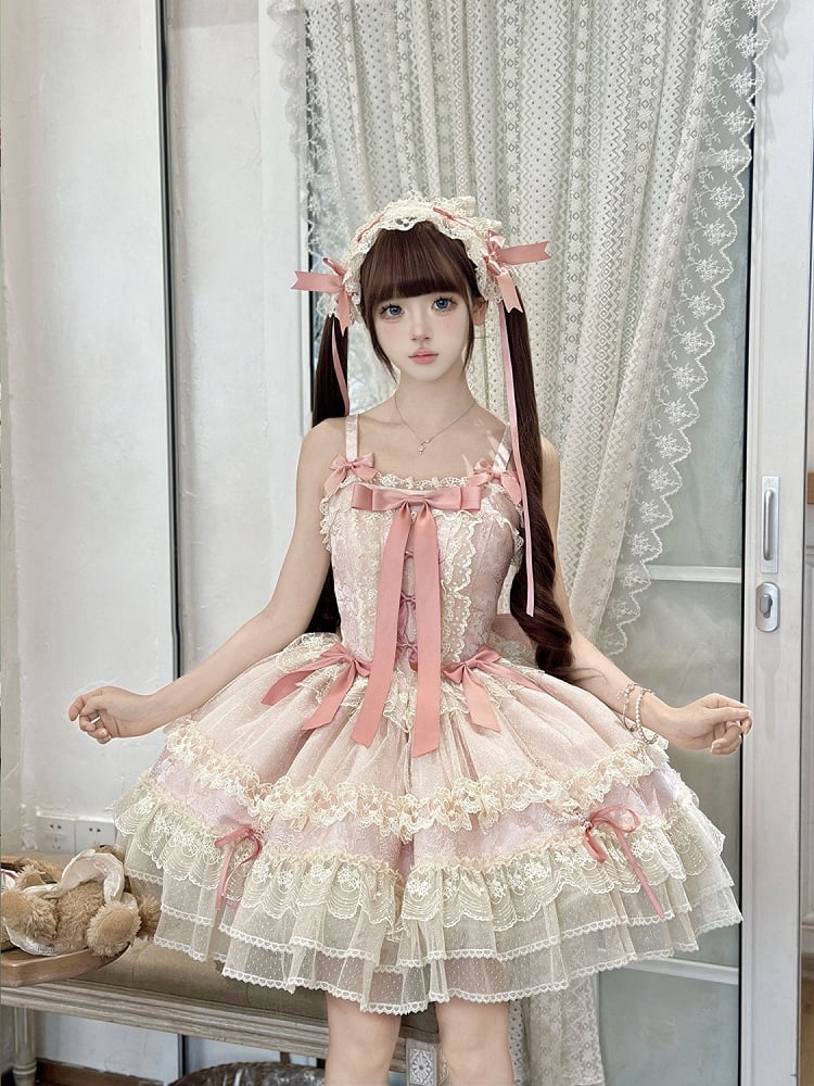 Dress Skirt Decorated Sweet Jumper Lolita Balletcore Pink Bowknots