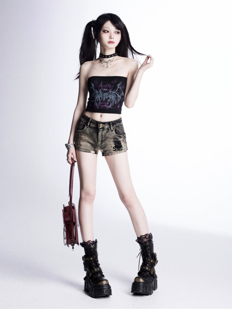 Glamorous Denim Shorts Waist Cross Studs Distressed Black Low