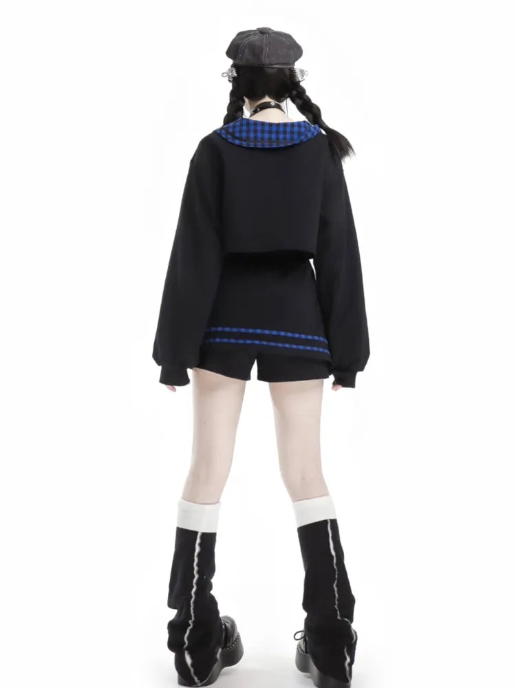 Blue Free Dark Sweatshirt mit Cami-Kragen Top Plaid Cropped Schwarz