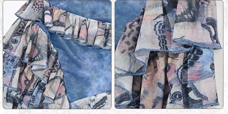 Grunge Punk Rock Fairy Style Blaue Schmetterlinge Stufenrüschen Asymmetrischer Saum Patchworkrock