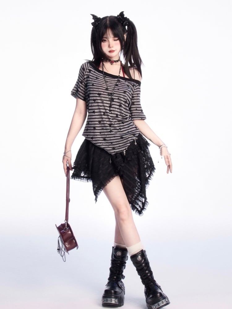 Black Handkerchief Hem Tiered Lace Skirt